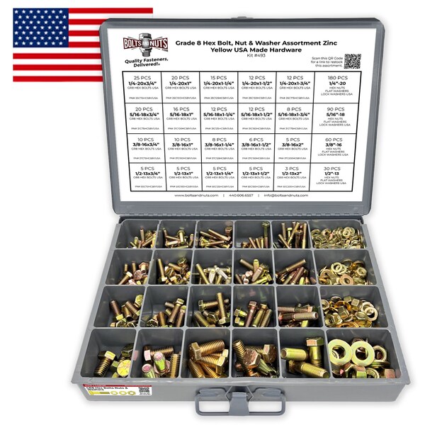 Boltsandnuts.Com Inch Grade 8 Hex Bolt, Nut & Washer Assortment Zinc Yellow USA Made Hardware - 574 PCS Assortment Kit #493 - main